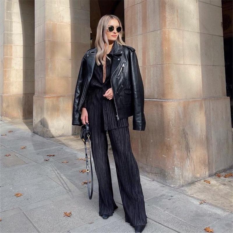 Casual High Wasit Pleated Pants Set Women Autumn Long Sleeve Blouses Matching Wide Trousers Suit Green Pleated 2 Piece Pant Sets