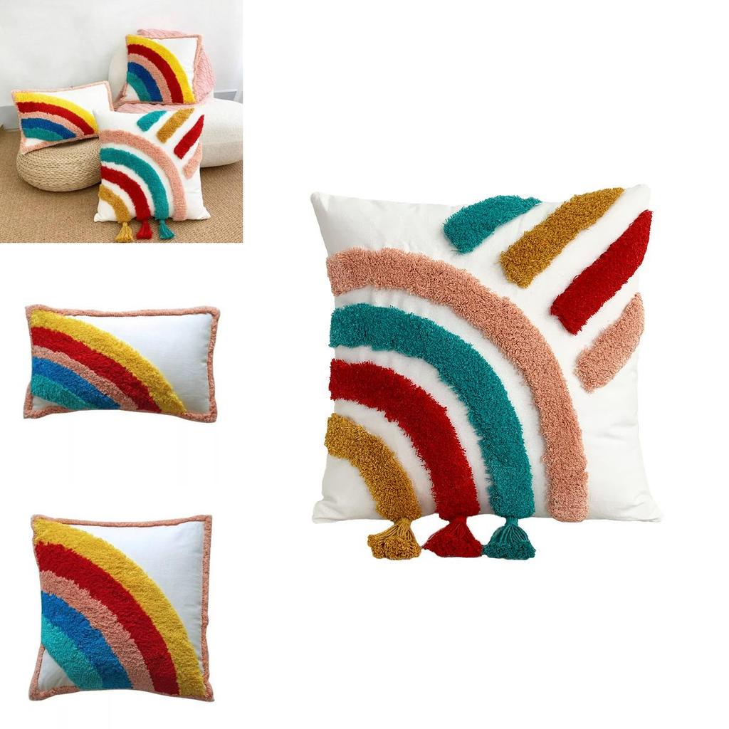Bohemian Style Rainbow Pillow Cover Soft Cotton Linen With Tassels And Embroidery