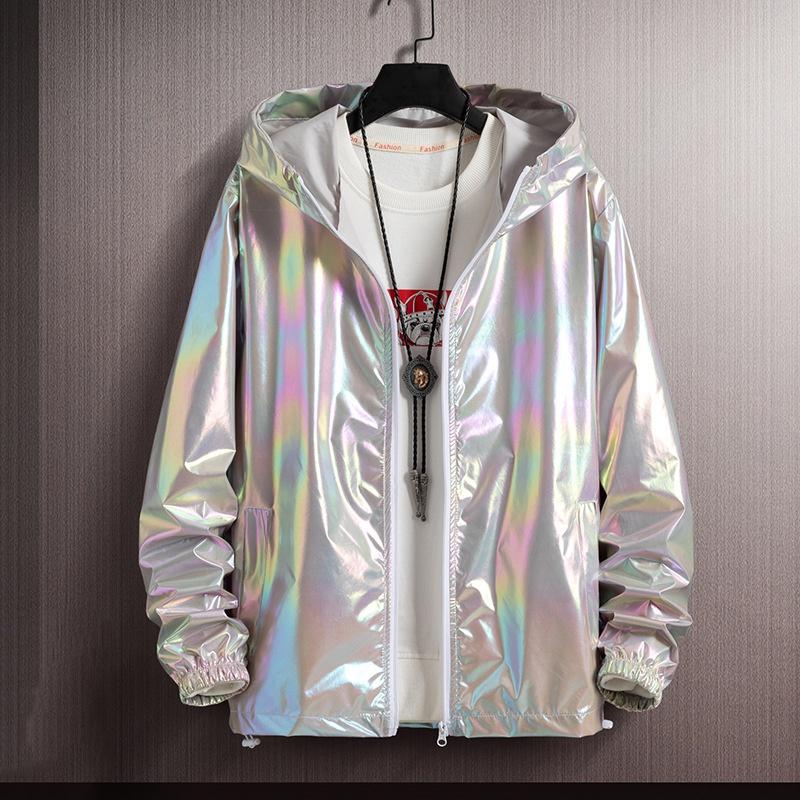 Giacca unisex lucida Cappotto con cappuccio laser Iridescente olografico Harajuku Sun Protect Top Plus Size