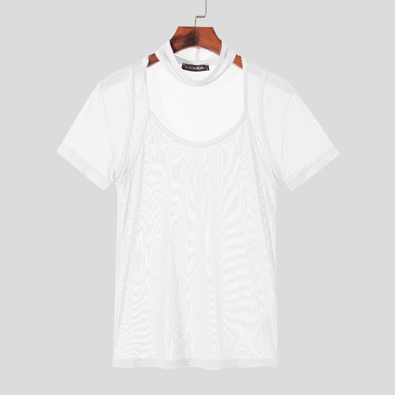 INCERUN Herre Halter Neck Kortermet Mesh T-skjorte Muskelsittende Gjennomsiktig Topper
