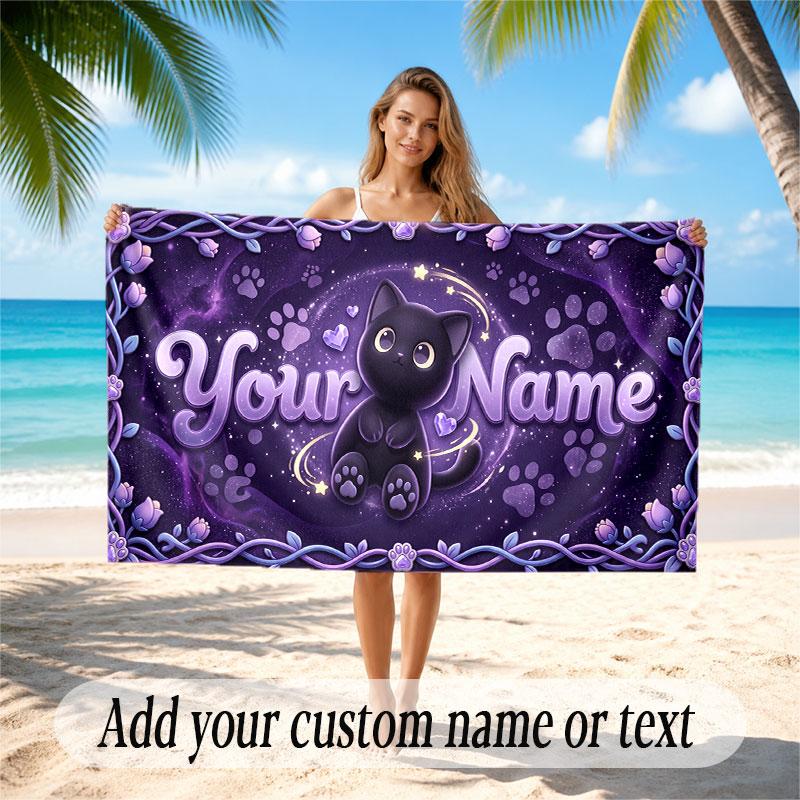 Cat Theme Soft Beach Towel Personalized Custom Name Text Towel Portable for Beach Pool Travel