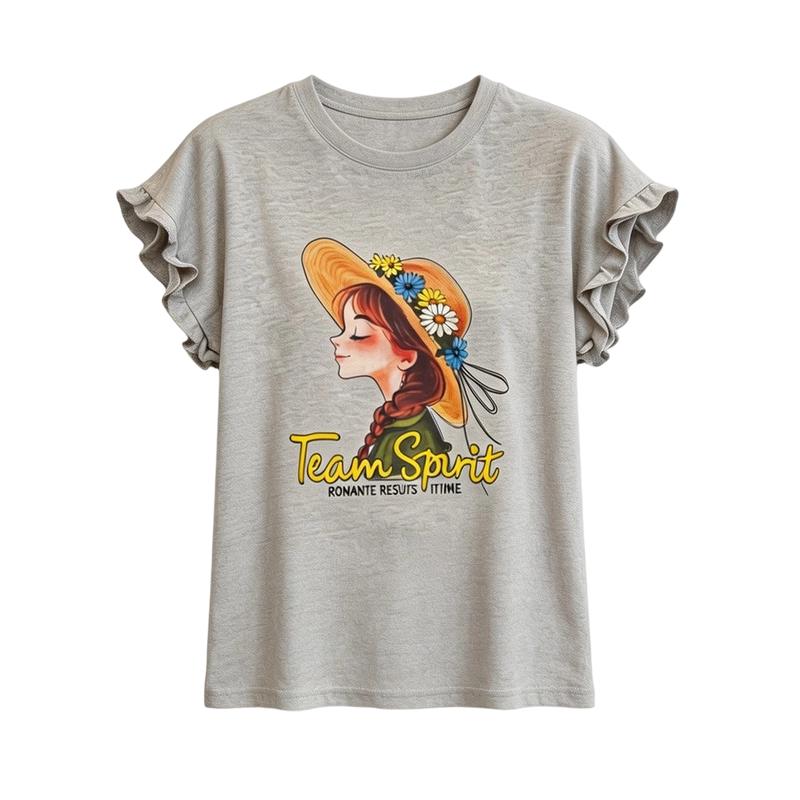 La Chapelle Women s Elegant Commuter Ruffle Edge Printed T-Shirt M