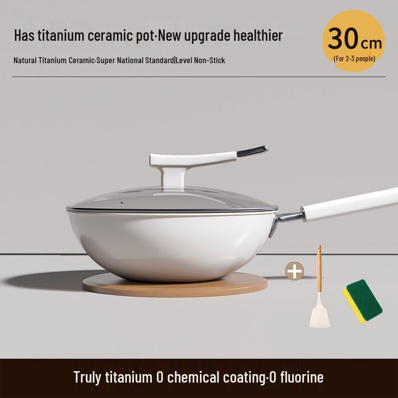Titanium Ceramic Flat-Bottomed Non-Stick Stir-Fry Pan, Milk White, Wear-Resistant and Scratch-Resistant for Kitchen Use