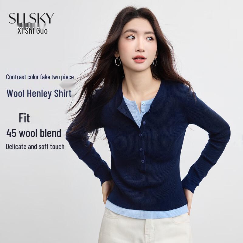 Sllsky Retro Color Block Faux Two-Piece Knitted Base Layer Top M