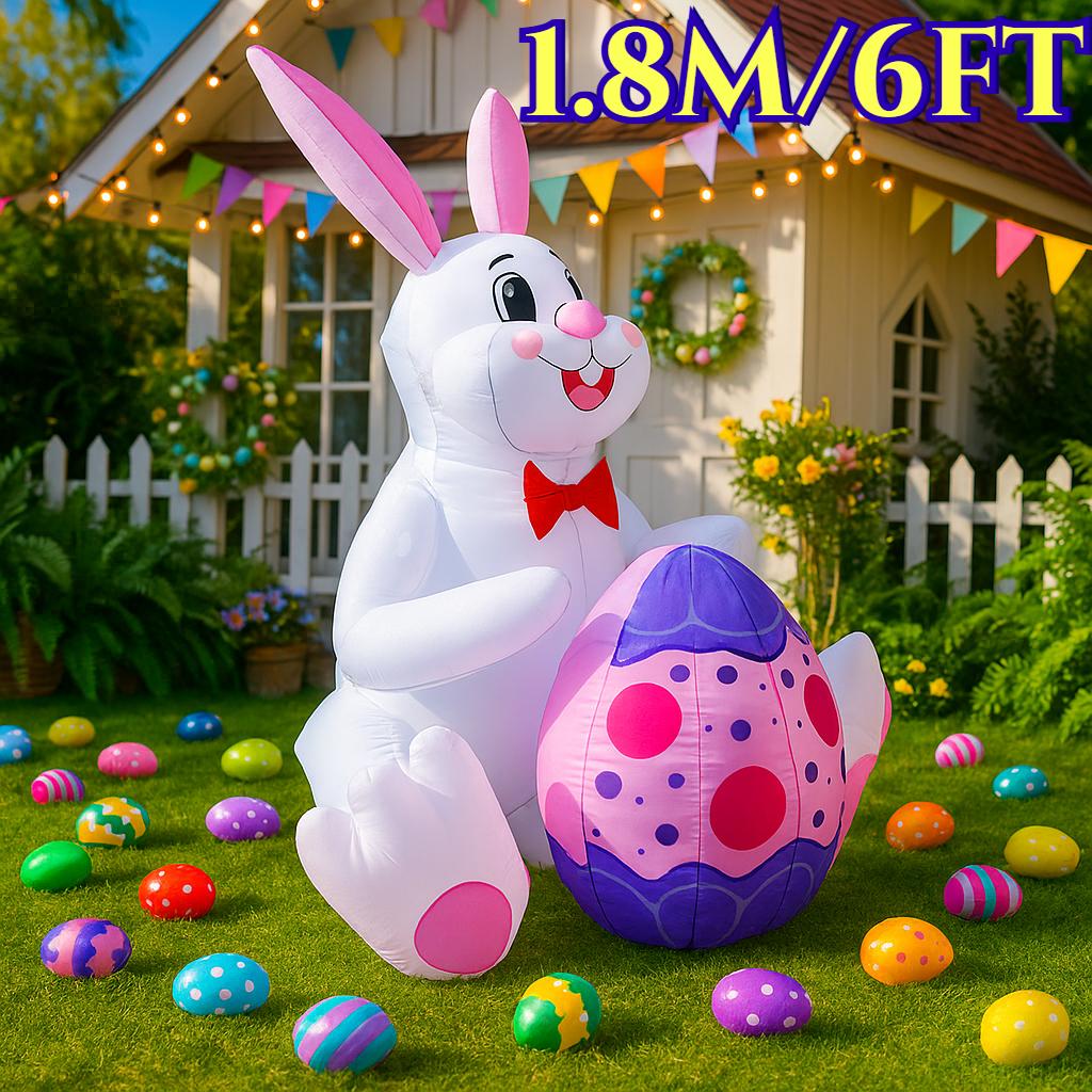 1.8M/6FT Happy Easter Inflatable Toys White Rabbit Embracing Easter Eggs Decor LED Lights Model Outdoor Garden Party Ornaments