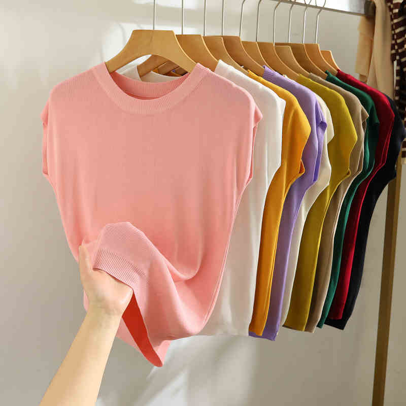 Summer Round Neck Knitted Casual Women's T-shirt Elegant Loose Ice Silk Thin Fit Solid Color Short Sleeve Tee Tops Ladies Simple Fashion T Shirt 3097