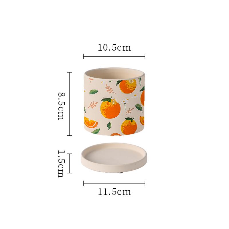 Creative Cartoon Fruit Ceramic Flower Pot Plant Flower Pot with Tray Cylindrical Countertop Flower Pot Living Room Garden Decor