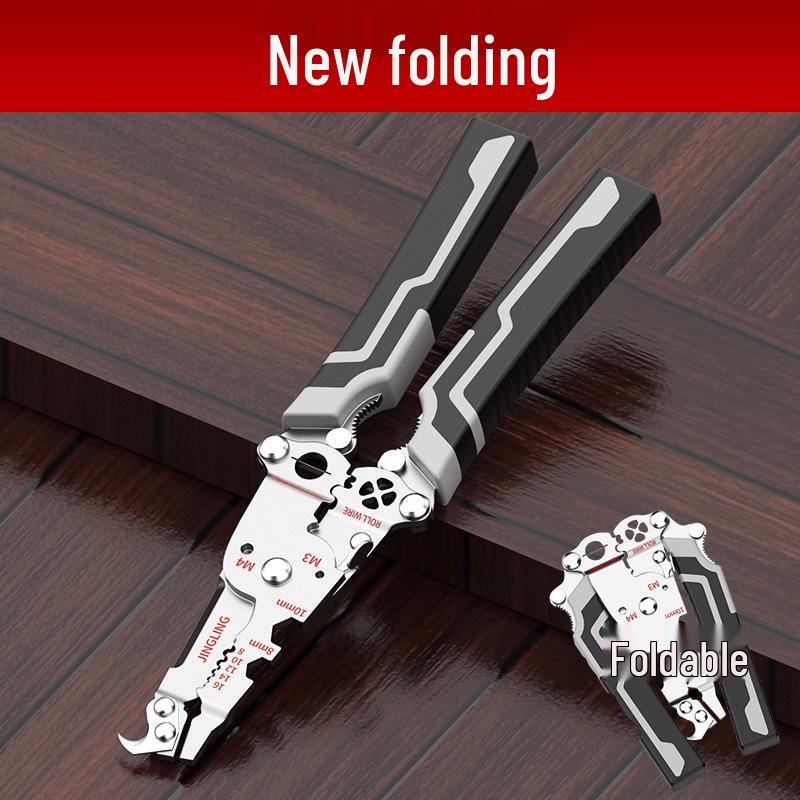 Electrician's Multifunction Tool: Pen-Style Wire Stripper, Cutter, Crimper, and Foldable Screwdriver.