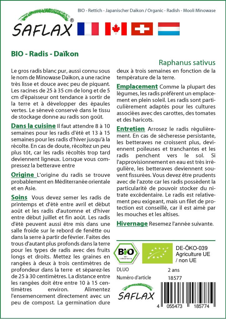 SAFLAX Dárková sada - Bio - Ředkev - Mooli Minowase - 100 semen - S dárkovou krabičkou, kartou, štítkem a substrátem - Raphanus sativus