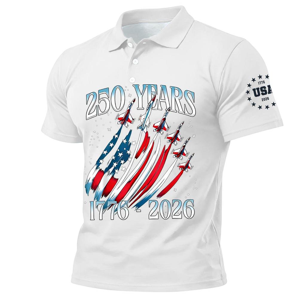 Men's Polo Shirt Short Sleeve 250 Years 1776 2026 Printed USA Flag Aircraft Graphic Casual Top