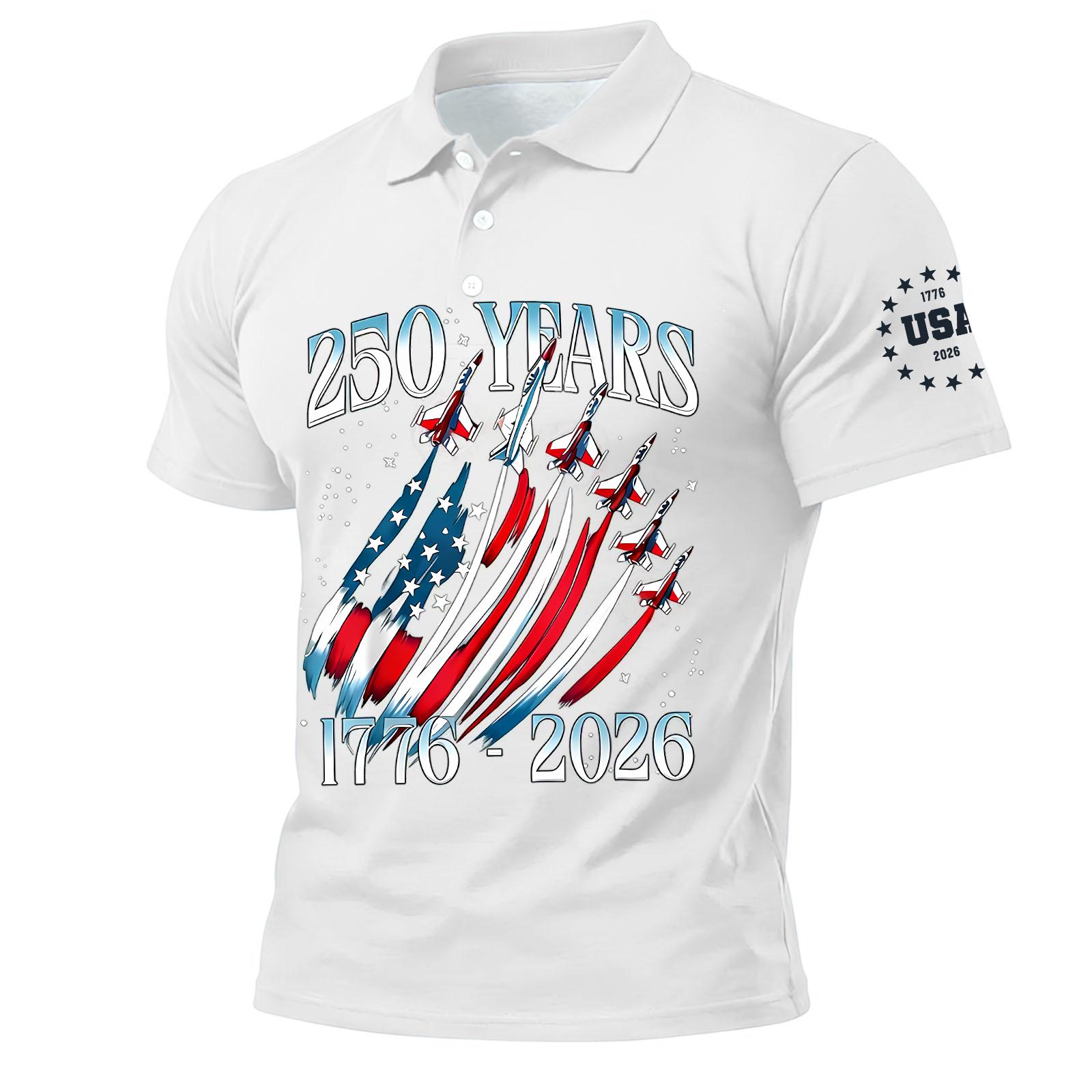 

Men s Short Sleeve Polo Shirt 250 Years 1776 2026 Printed Top Classic Collar Button Up Airplane Graphic Tee USA Style XL