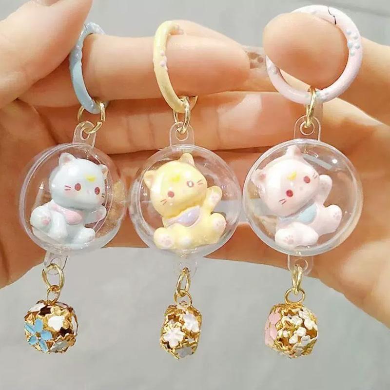 1PC Bag Ornament Accessory Cartoon Cat Keyring Cute Hanging Pendant 3D with Bell Keychain Cat Wind Chime