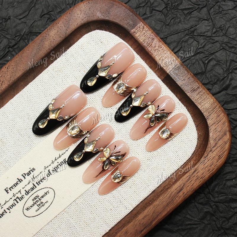 Handmade Black Butterfly Gold Thread Wearable Nails: French Gradient Cat Eye Style for Autumn/Winter M