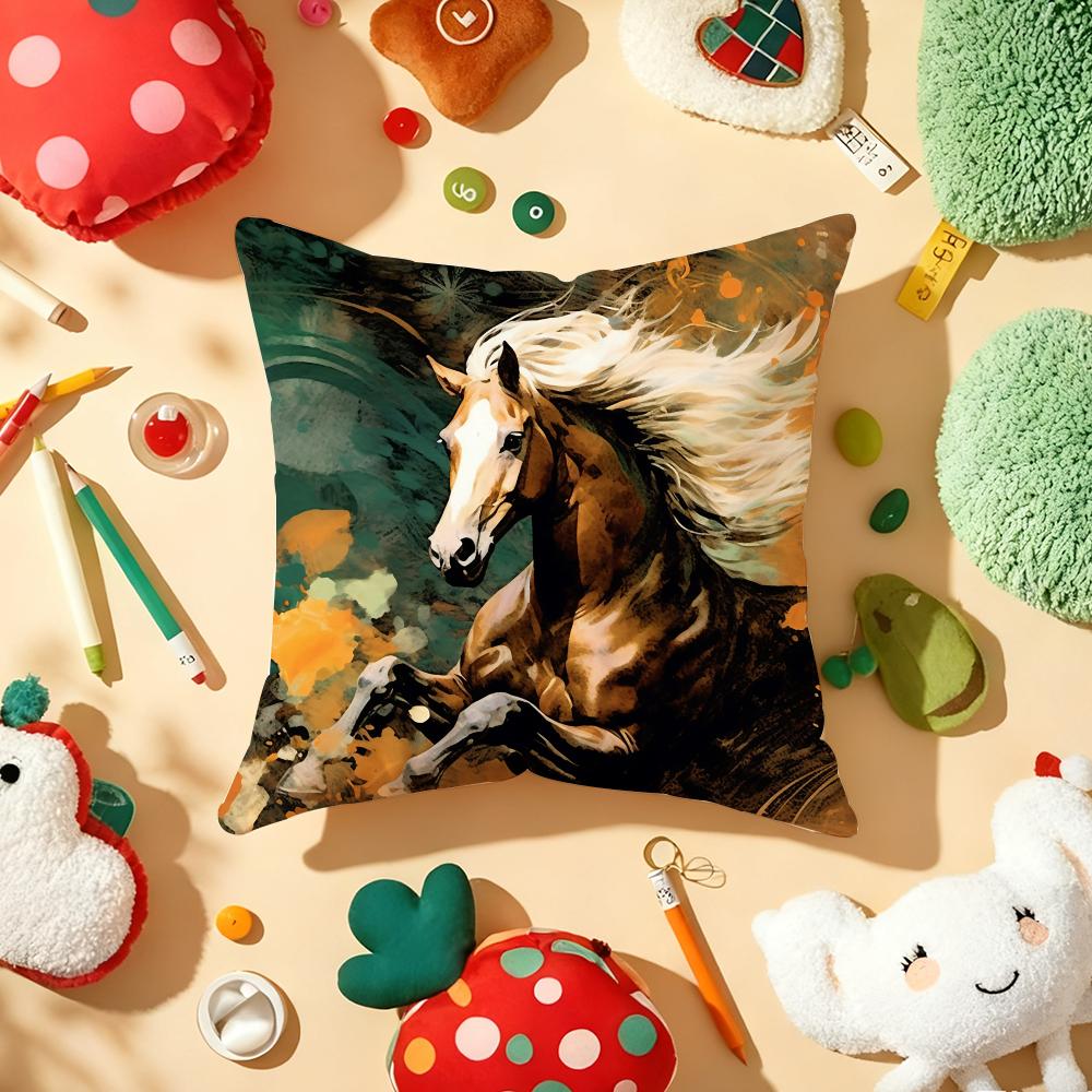 Oil Painting Horse Cushion Cover Plush Fabric Soft Double-Sided Printed Sofa Warm Winter Home Gift Pillow Cover