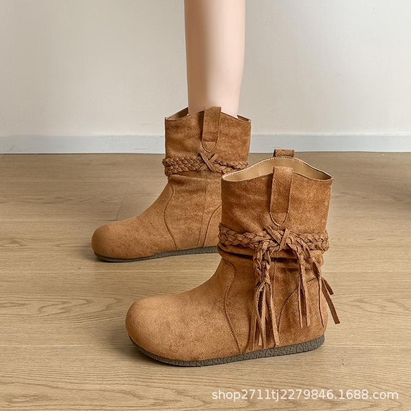 Retro western cowboy boots tassel inner height 2025 velvet autumn and winter outer wear medium tube knight boots round head short boots