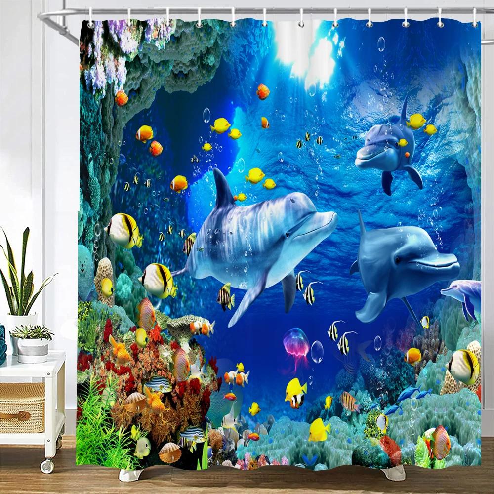 

Lovely Dolphin Cartoons Shower Curtains Waterproof Bathroom Curtain 3D Marine Life With Hooks Large Size 240*180Cm Bath Screen W60H190(CM)-1 Pcs