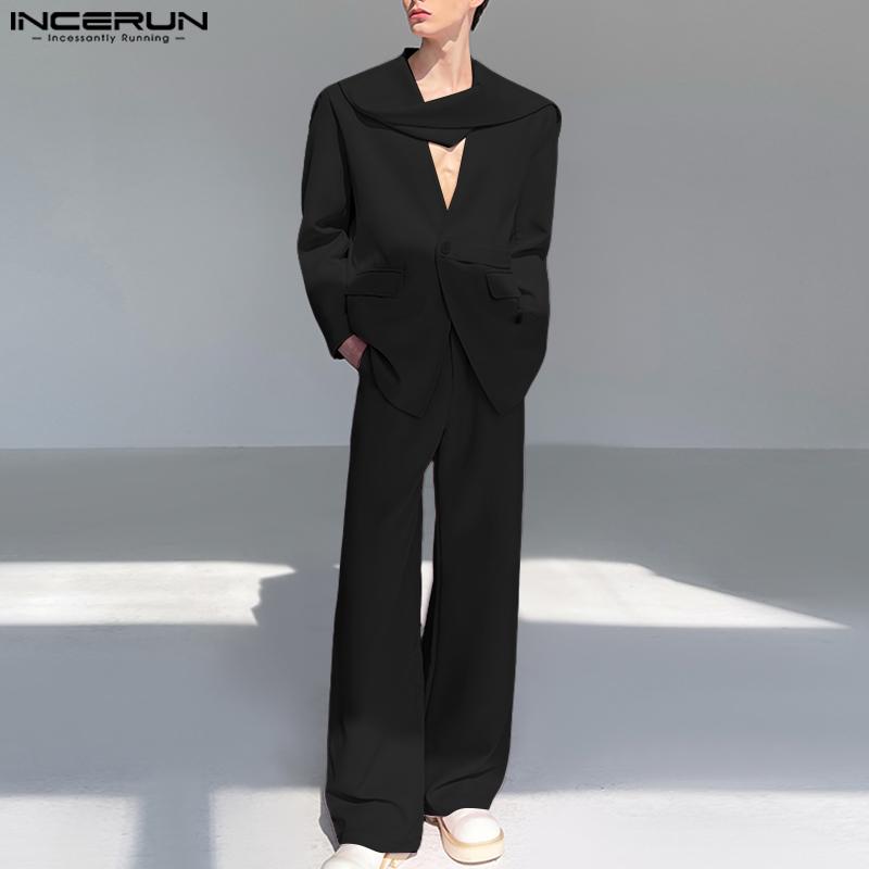 INCERUN Two Pieces Outfits Men Long Sleeve Layers Thin Blazer Long Straight Pants Party Sets