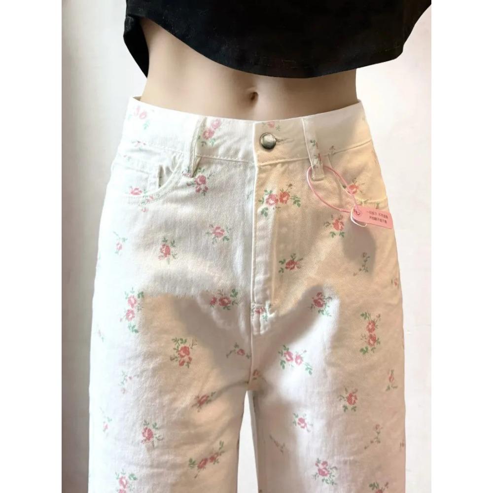 Niche Floral Jeans for Women Retro Versatile High Street Loose Casual Pants
