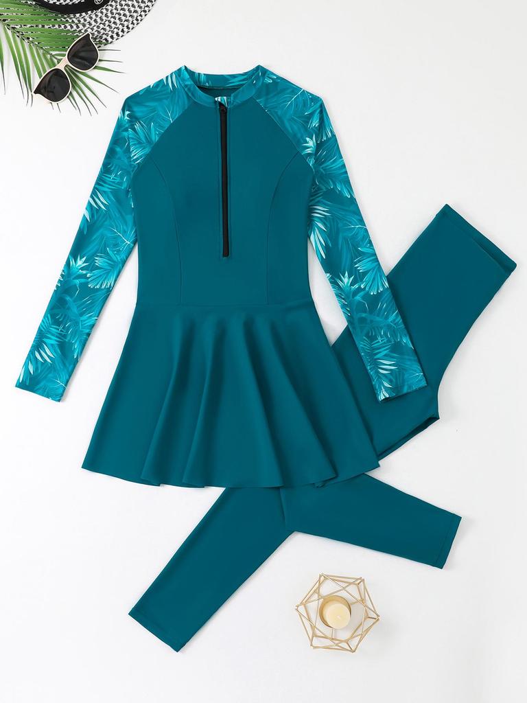 2026 New Sun-Protective Zipper Swimwear: Long Sleeve Two-Piece Swimsuit with Long Pants, Middle Eastern Conservative Style