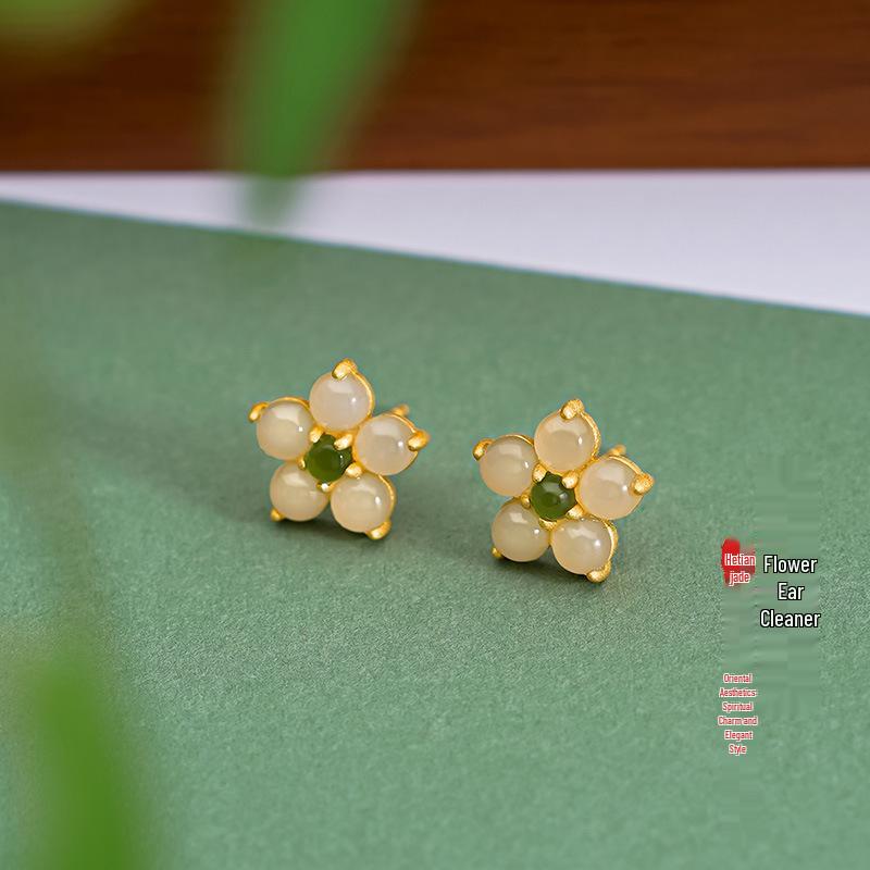 Tichiya Natural Hetian Jade Peach Blossom Earrings, S925 Sterling Silver, Chinese Style, Elegant Flower Design for Women.