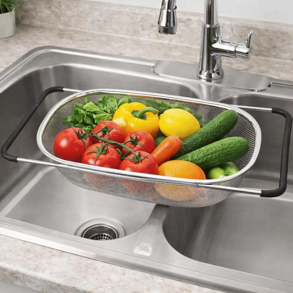 Extendable Stainless Steel Basket Strainer Over Sink Colander
