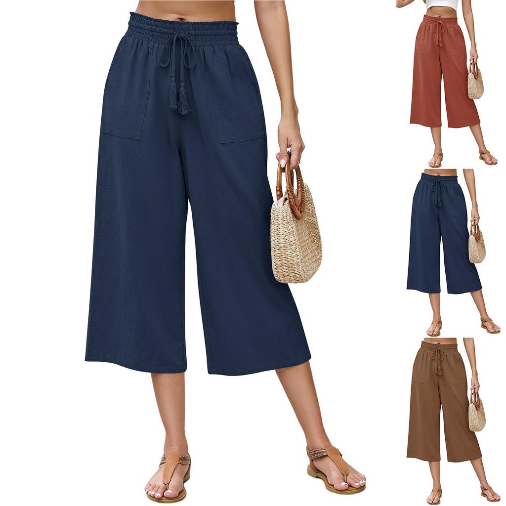 Linen Casual Wide Leg Pants For Women Elastic Waist Versatile Business Casual Work Palazzo Trousers With Pockets