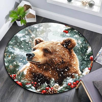 Winter Bear Round Area Rug,Carpet Rug for Living Room Bedroom Sofa Playroom Decor,Non-slip Floor Mat