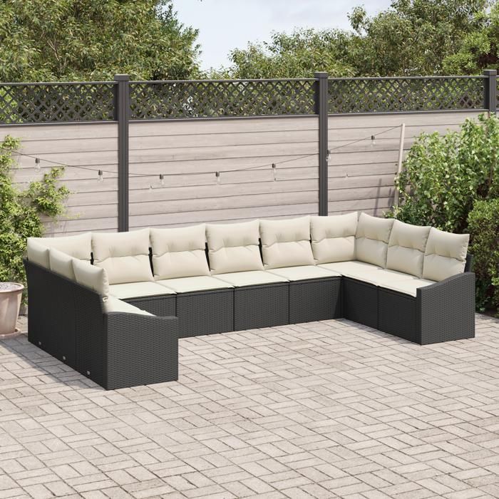 VidaXL Ensemble de salle à manger de jardin de 10 pièces avec coussins en poly rattan noir 3355566