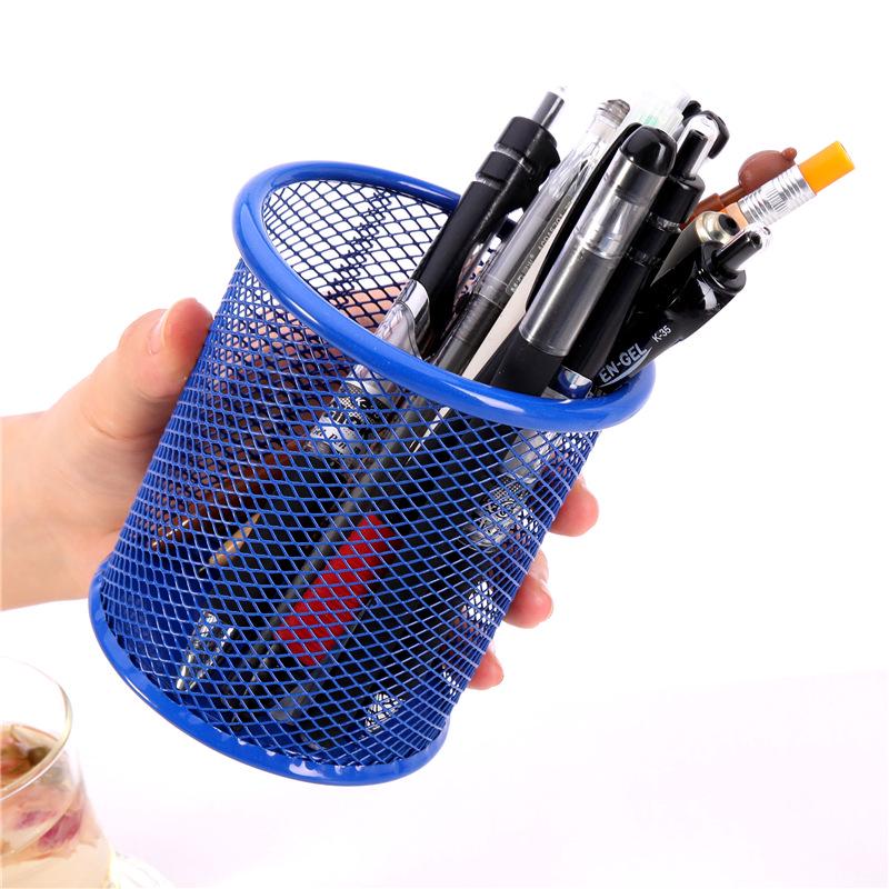 Wrought Iron Color Round Grid Metal Square Hollow Pen Holder Student Stationery Desktop Office Supplies Storage Ornament