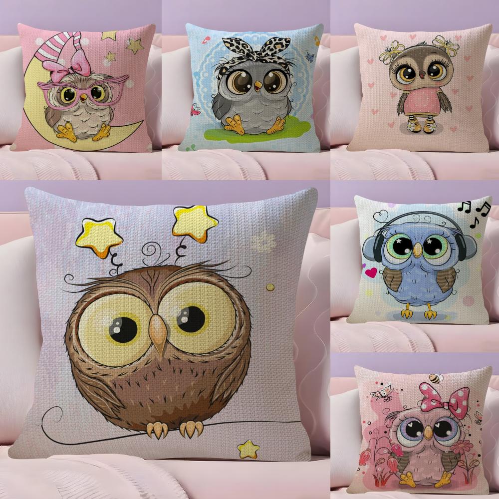 Cute Cartoon Owl Cushion Cover Natural Linen Organic Fabric DoubleSided Printing Sofa Home Decor Breathable Bed Pillow