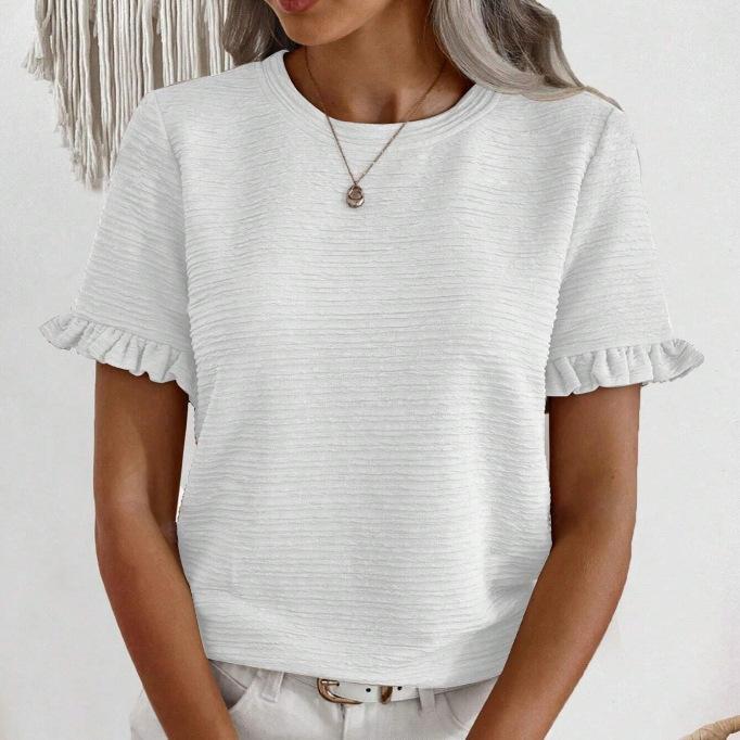 IHUASU Damen Frühling/Sommer Rundhalsausschnitt Rüschen Kurzarm T-Shirt Top