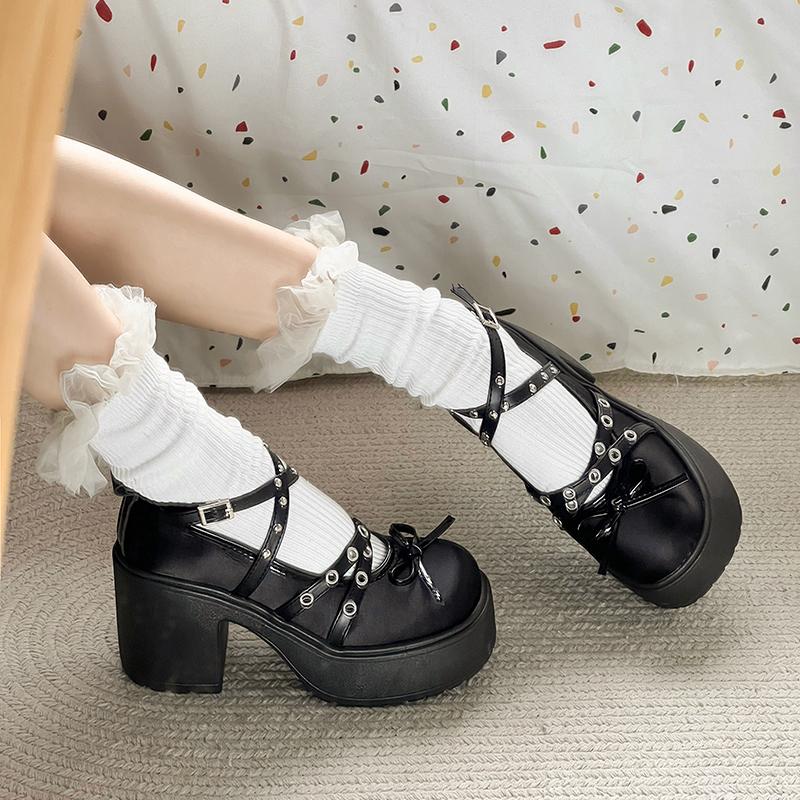 Spring Mary Jane Single Shoes Round Head Shallow Bow Rivets A Line with Waterproof Platform Anti-slip Wear-resistant High Heels