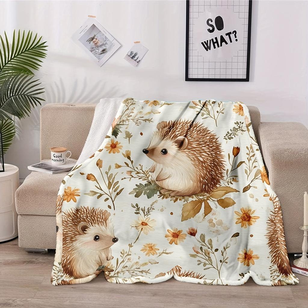 1pc Cozy Hedgehog Floral Blanket - Soft Flannel Polyester Throw with Adorable Hedgehog & Flower Design, Perfect for Home Decor,