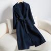 Women's Notched Lapel Belted Long Coat Solid Color Elegant Long Sleeve Woolen Overcoat
