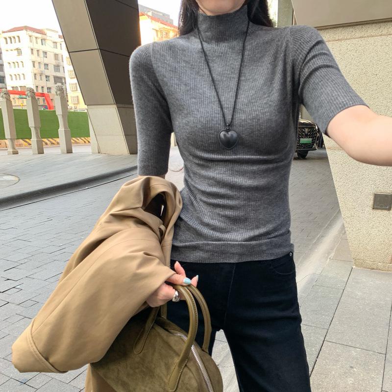 Korean Chic Elegant Half-High Neck Slim Fit Mid-Sleeve Knit Top for Women - 2026 New Arrival