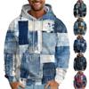 Herr Lös Etnisk Imitation Denim Patchwork 3D-tryckt Huvtröja Casual Mode Sport Sweatshirt