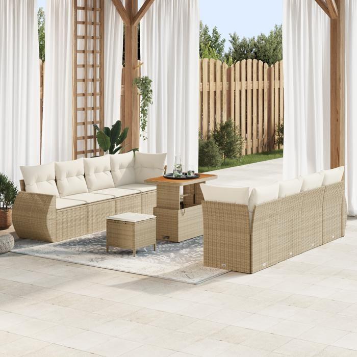 Ensemble canapé jardin 11 pièces avec coussins beige poly rattan acacia, Ensemble salle à manger jardin 3 pièces 3361851