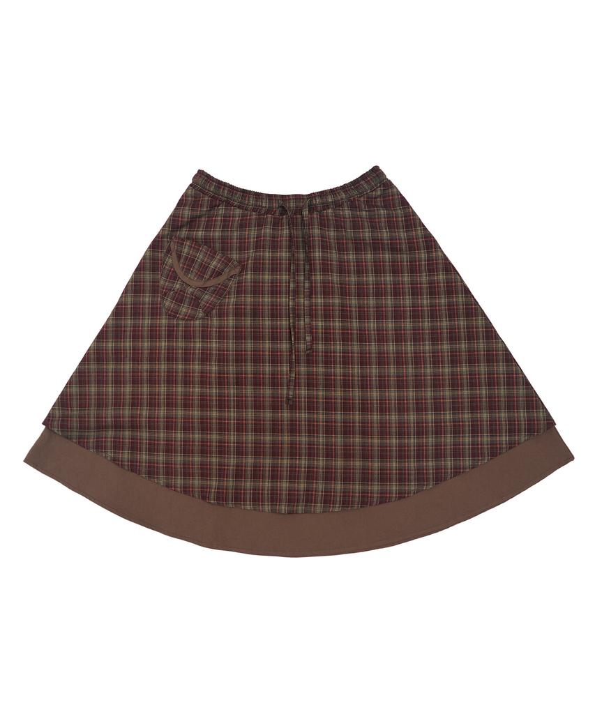 Mihebeu Check Pocket Midi Skirt Burgundy Brown