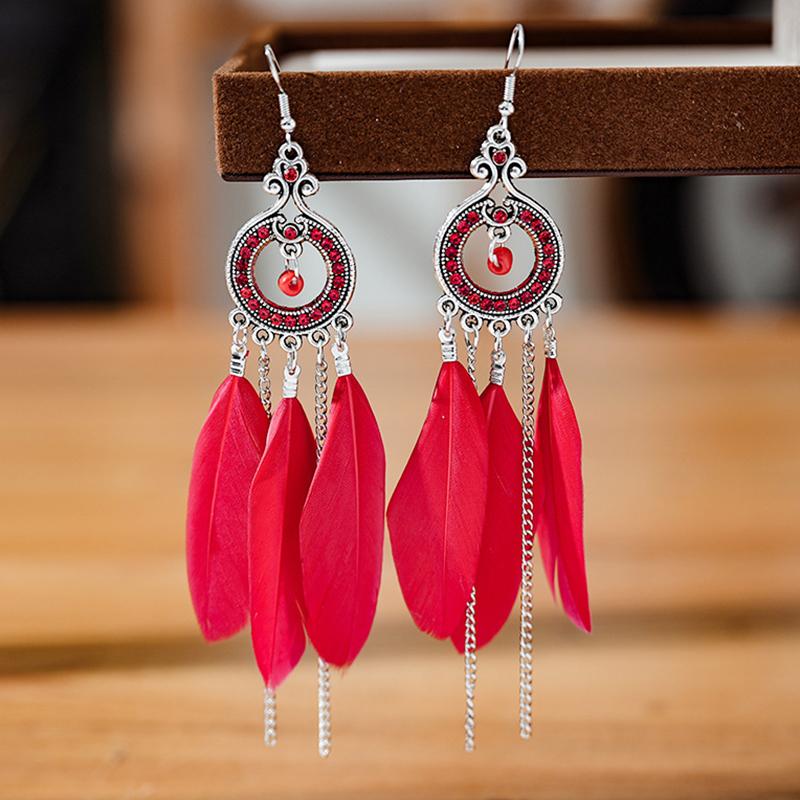 Modische Böhmische Bunte Federohrringe für Damen Ethnischer Stil Lange Geometrische Ohrringe Damen Schmuck Accessoires Geschenk