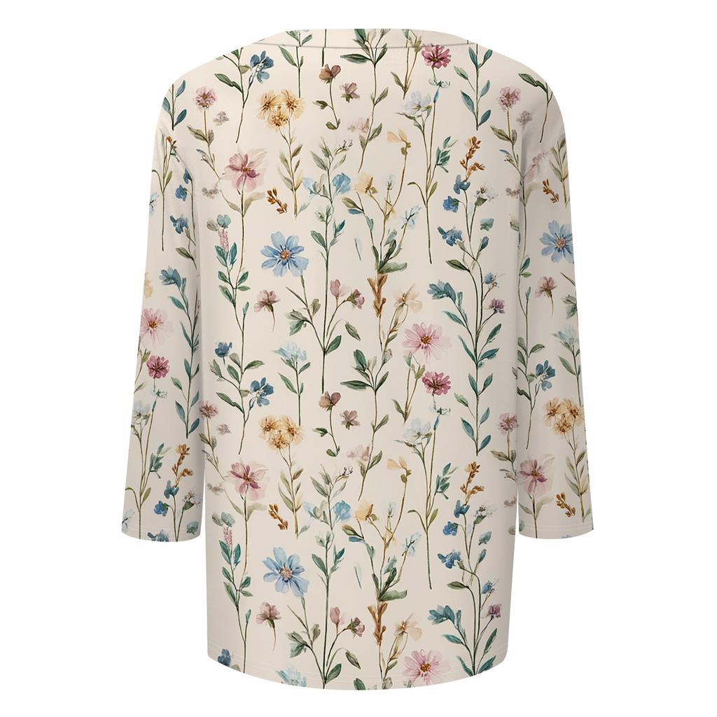 Damen Lässiges Rundhals-T-Shirt-Oberteil mit Dreiviertelärm und Blumendruck für Frühling und Sommer Entspannte Passform Bequemer Stil