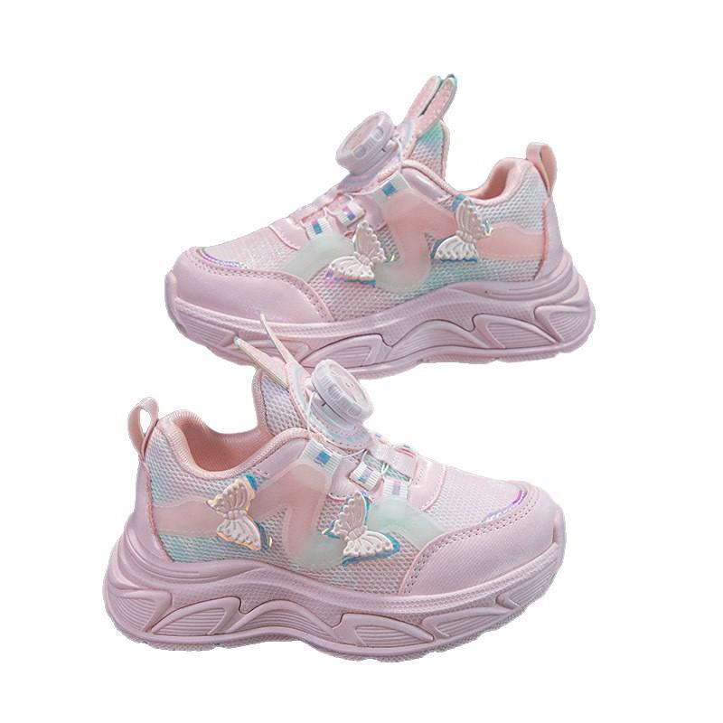 Girls Double Net Sports Shoes 24 Autumn New Primary School Students Casual Shoes Classmates Children Soft Sole Rotating Buckle Running Shoes