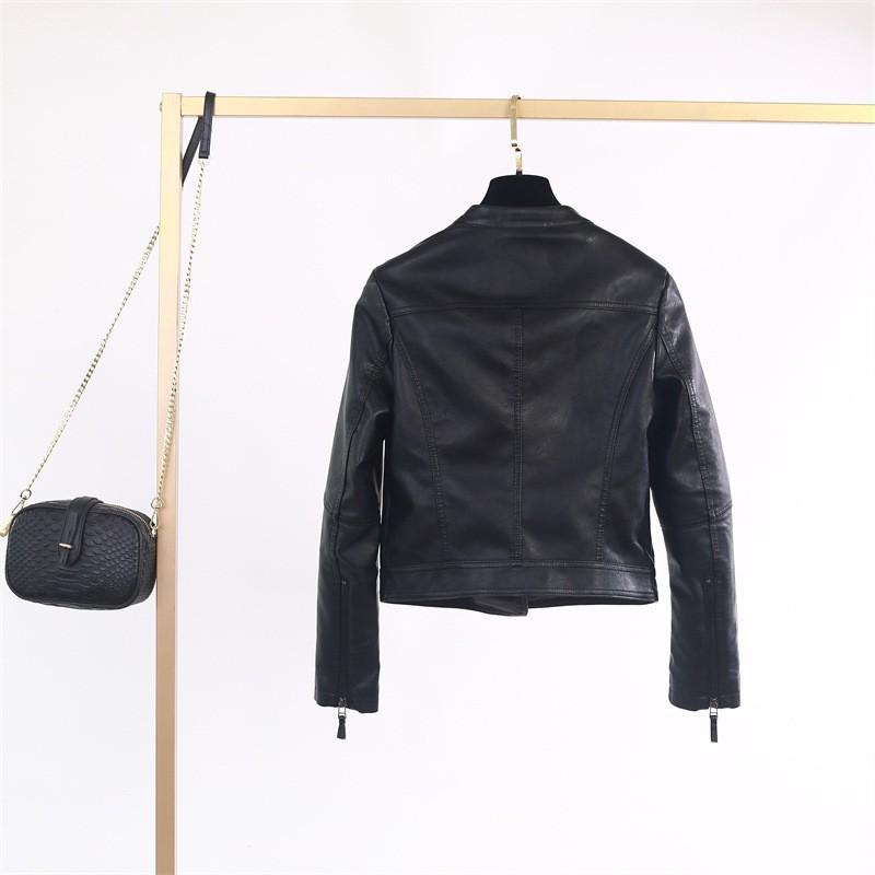 Womens Stand Collar Slim Fit PU Leather Moto Jacket Short Casual Coat
