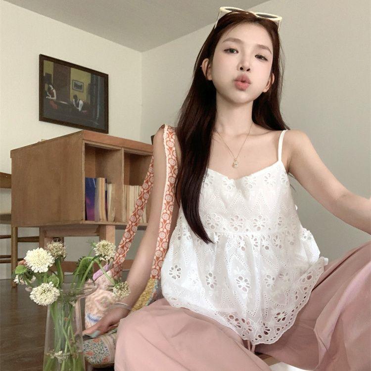 

French Crochet Hollow White Lace Plus Size Camisole Top for Women - Unique Design, Chic Fashion L [80-120 Jin]