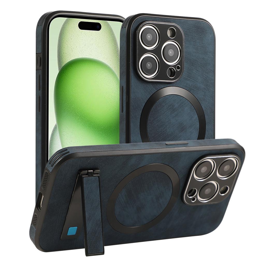 

Magnetic Bracket Matte Leather Case For iPhone 16 Pro Max 15 Plus 14 13 12 11 Aluminium Camera Protection Fold Stand Hard Cover For iPhone 16 Pro Max синий