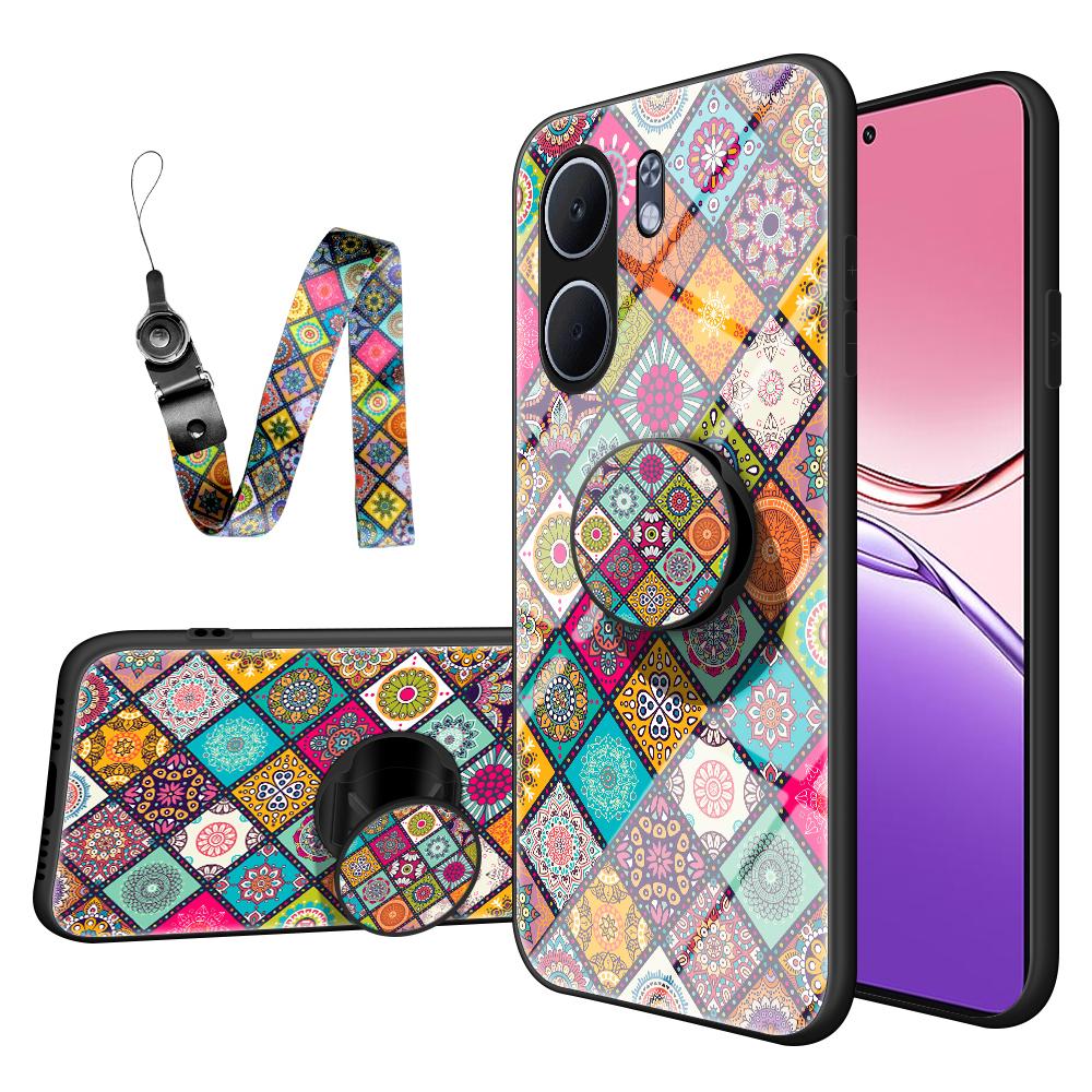 

For Oppo A5x 4G/5G Case Kickstand Ethnic Pattern Tempered Glass Phone Cover with Strap Checkered Pattern