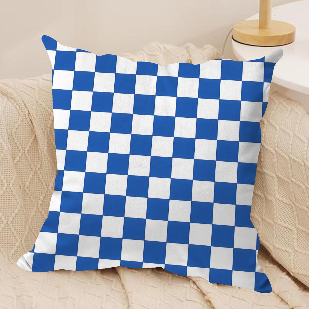 Blue and White Geometric Cushion Cover Silky Short Plush Sofa Pillow Cover Hidden Zipper Soft Dustproof Case for Home Decor