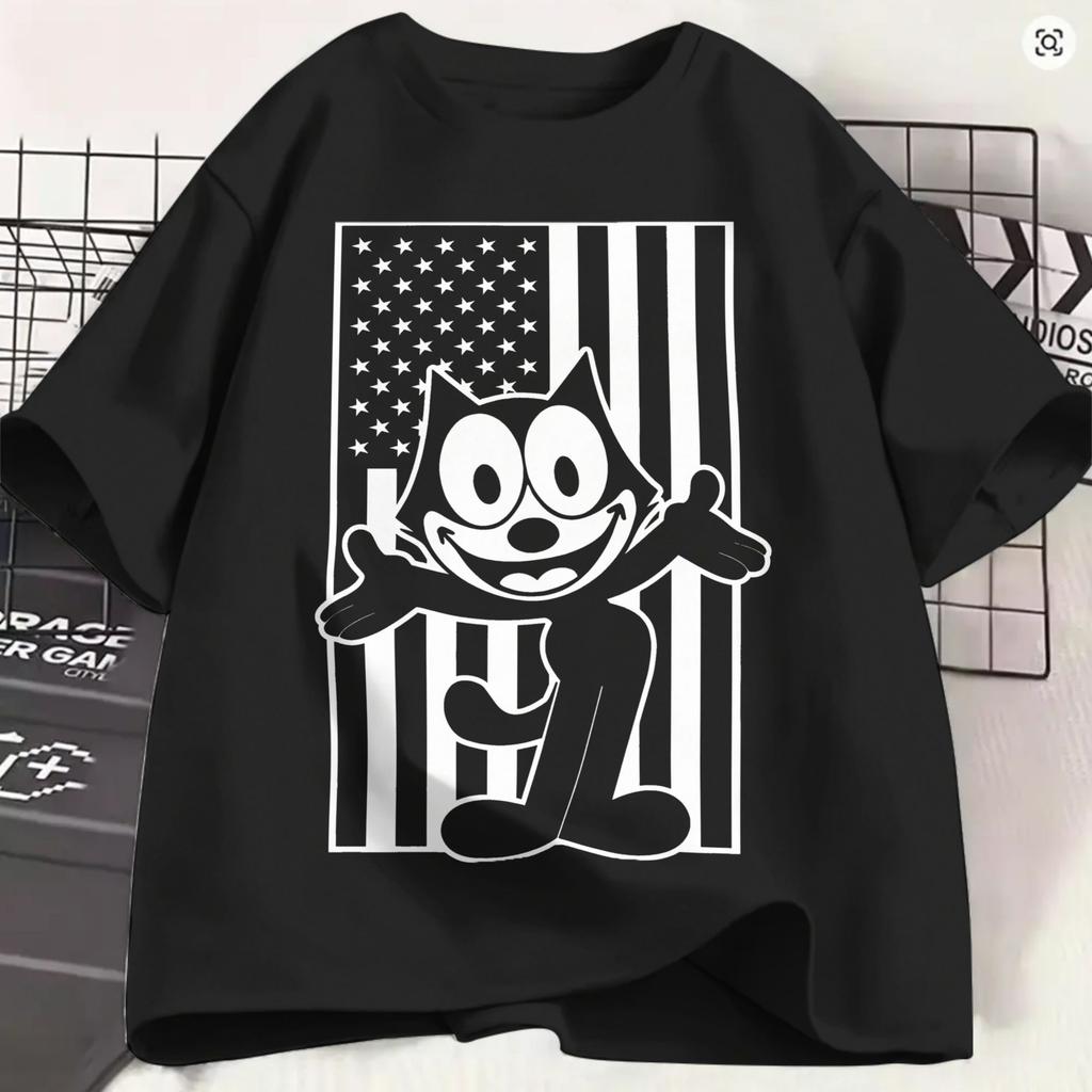 Ffelixs Black Cat Unisexs T Shirt Alien Abduction Vintage Tees Short Sleeve Crew Neck Tshirts Cotton Plus Size Clothing