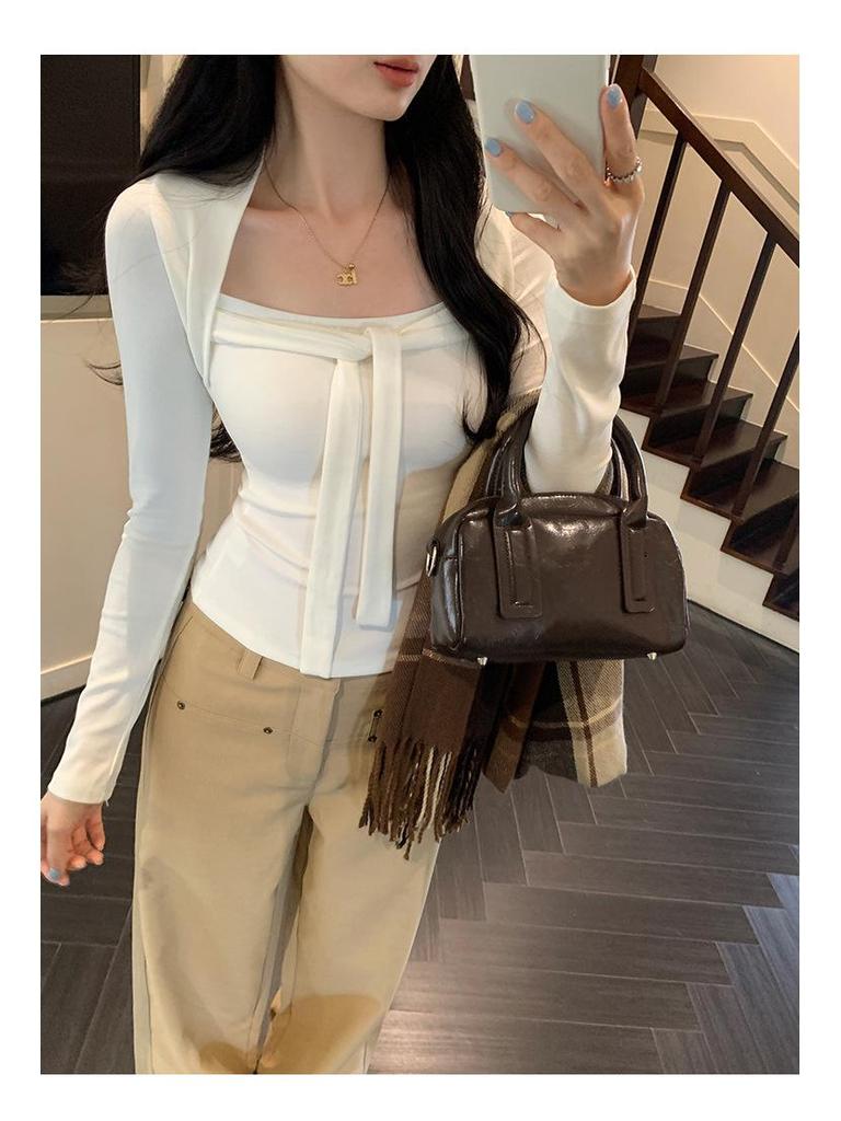 Women's Lace-Up Square Neck Slimming Crop T-Shirt for Autumn/Winter 2025