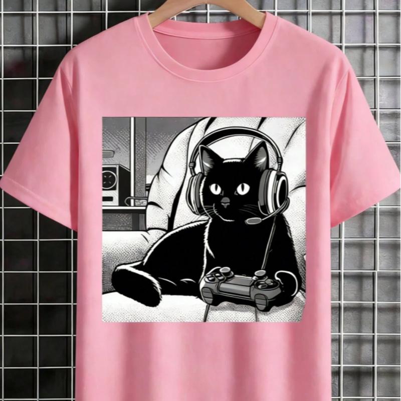 [Black Cat T-Shirt] Relaxed Fit Black Casual Cat Graphic T-Shirt | Short Sleeve Crew Neck, Summer Style, Polyester Blend
