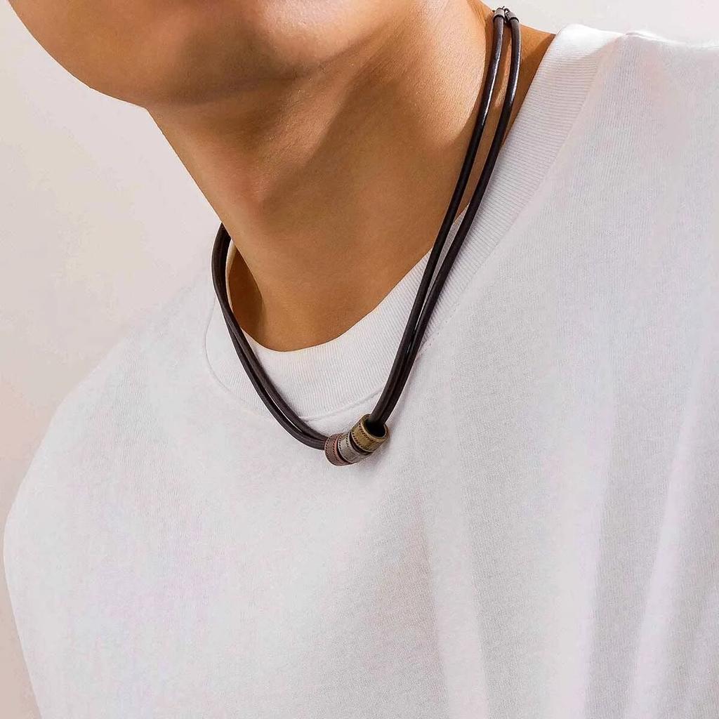 Simple Gun Black Color Wax Cord With Pendant Necklace for Men Small Round Rings Charm Choker Jewelry Collar Party Street